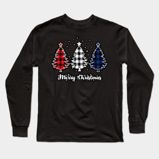 Merry Christmas Trees Red White Blue Plaid Xmas Gift Long Sleeve T-Shirt